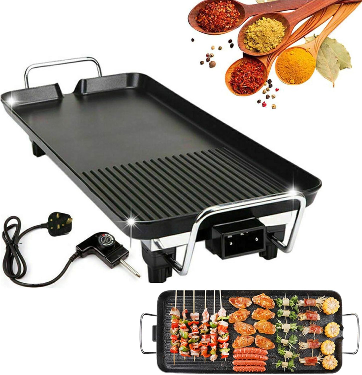 Electric Smokeless Table Top Grill, BBQ Griddle Non-Stick Barbecue Hot Plate for Kitchen Dinner Party Camping Festival Cooking, Large Size - 48 x 27 x 8 cm