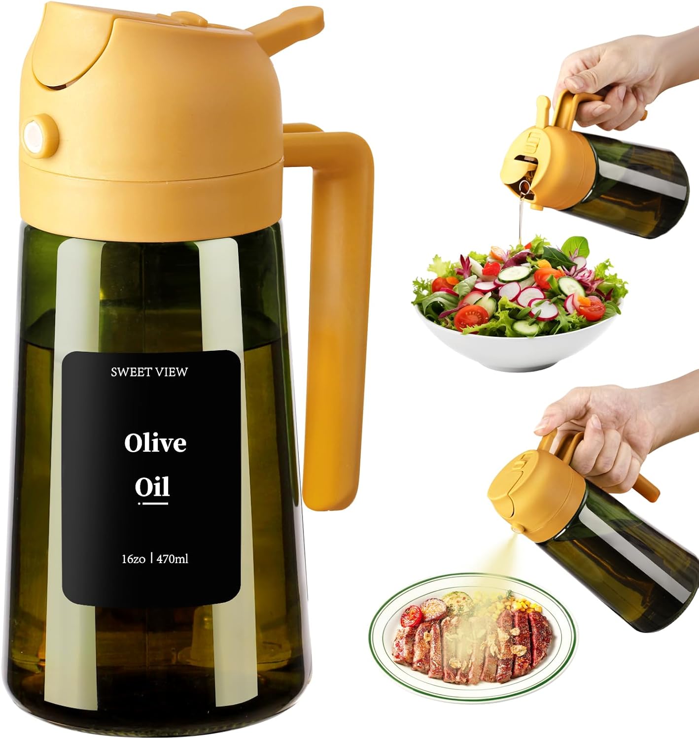 Olive Oil Dispenser and Sprayer – 16oz/470ml Glass Light-Proof Pour Bottle, Kitchen Gadgets Accessories for Air Fryer, Cooking, Salad, and BBQ