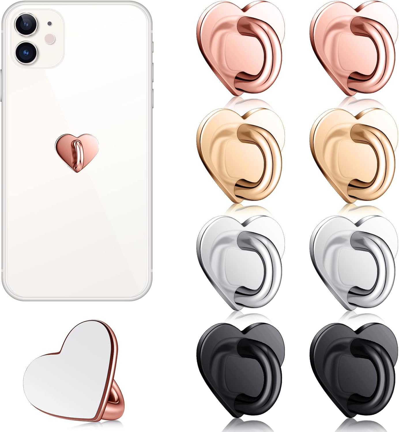 Moxweyeni 8 Pcs Cell Phone Finger Ring Adhesive Metal Phone Finger Grip Loop Stand Heart Grip Holder Charm Hook for DIY Hanging Supplies(Gold, Silver, Rose Gold, Black)