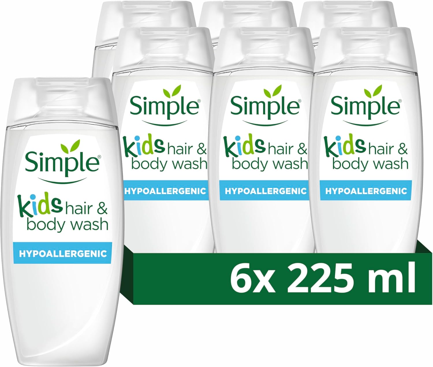 Simple Kind to Skin Kids Shampoo & Body Wash Hypoallergenic Shower Gel with natural lavender & chamomile oil for your child's sensitive skin 6x 225 ml