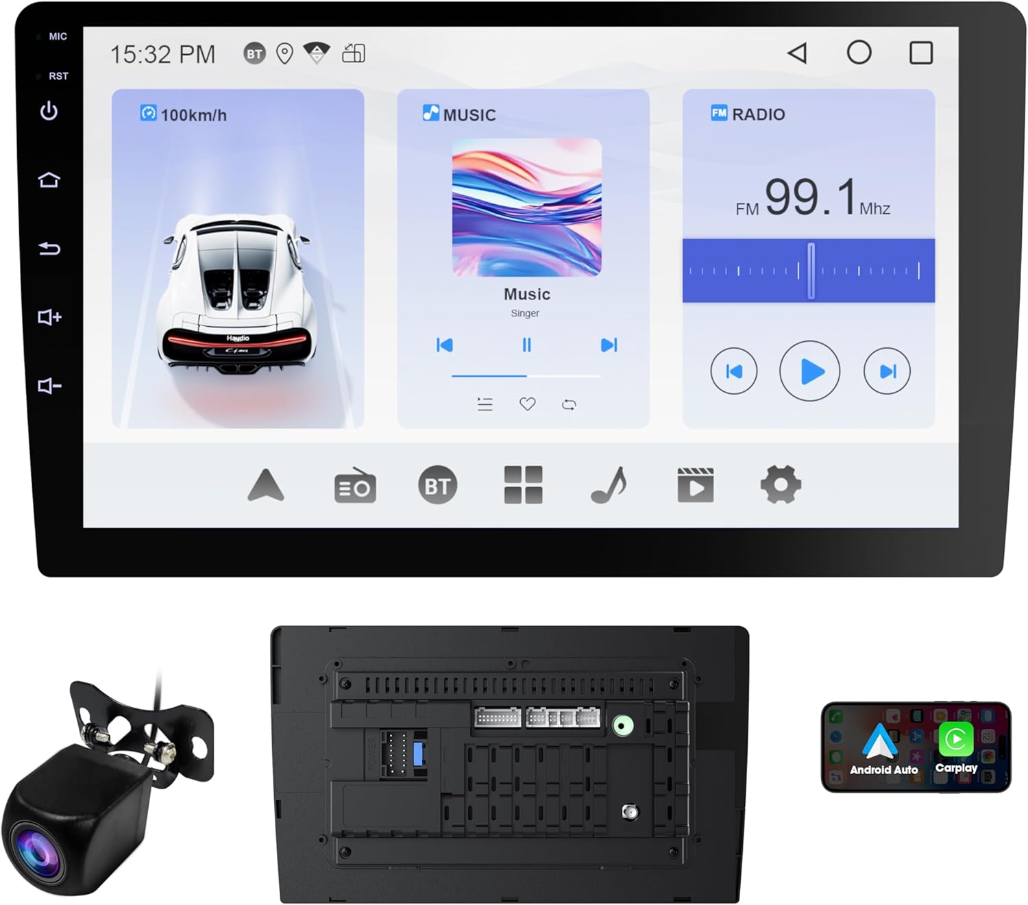 Haudio 10.1" Double-DIN Car Stereo with Apple CarPlay/Android Auto,Bluetooth Car Radio,Touchscreen Display|Reversing Camera|Voice Control|USB|GPS Navigation