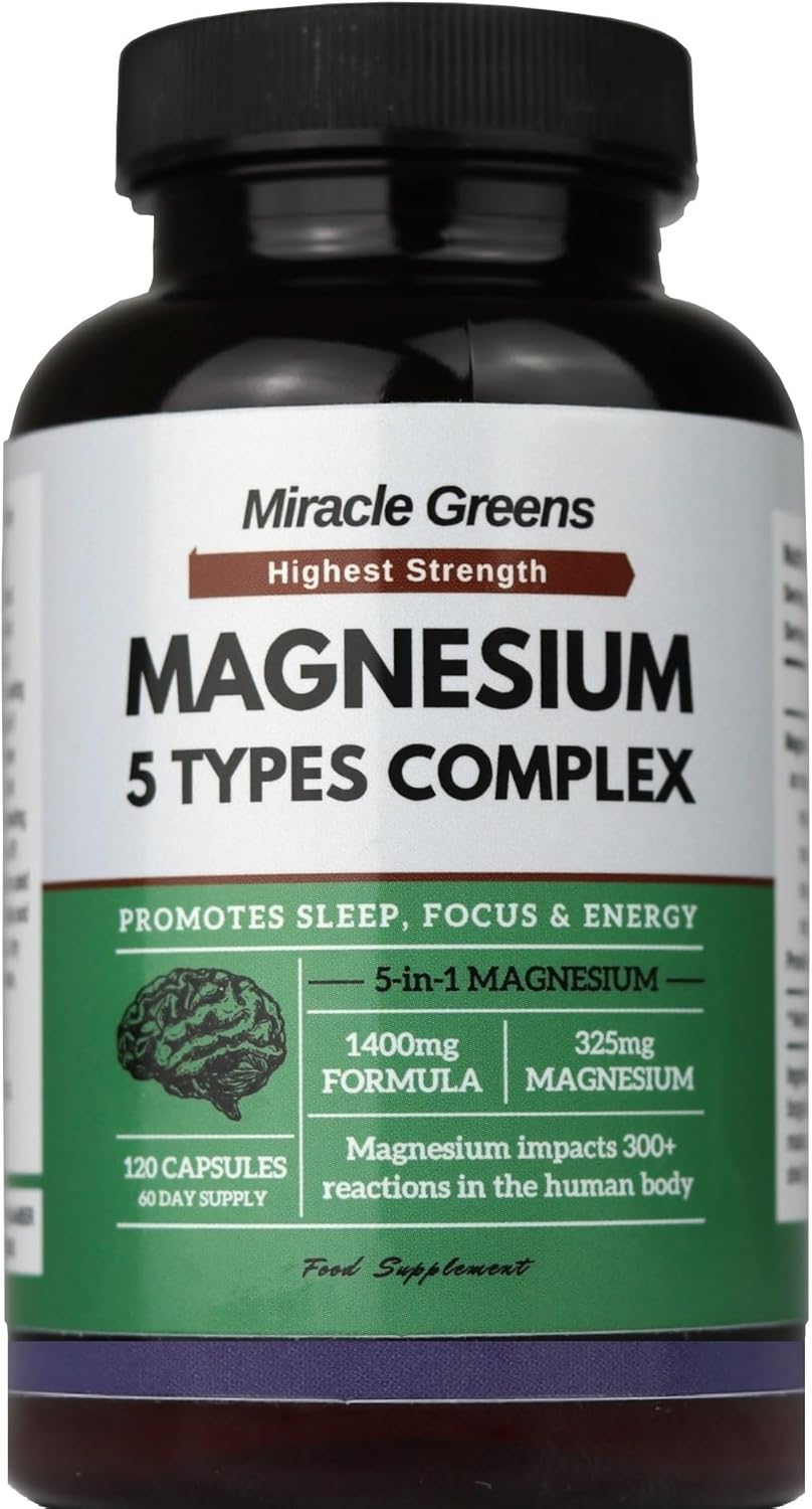 5 in 1 Magnesium Complex – Acetate, Bisglycinate, Gluconate, Malate & Taurate – 1800mg Formula Providing 325mg of Elemental Magnesium – for Sleep, Energy, and Muscles – 120 Capsules, Made in The UK