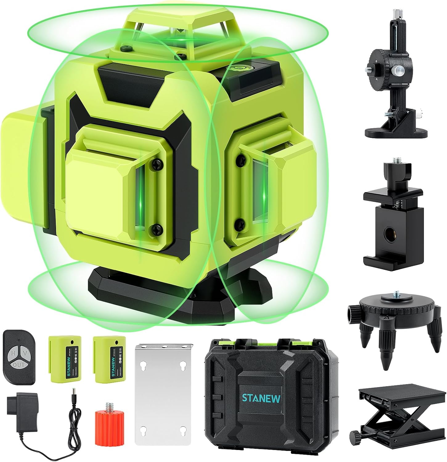 STANEW 4 x 360° Laser Level,Self-Leveling Green Laser Level 4D 16 Line Horizontal and Vertical with Integrated Remote Control Rechargeable Battery 2 x 2400 MAh