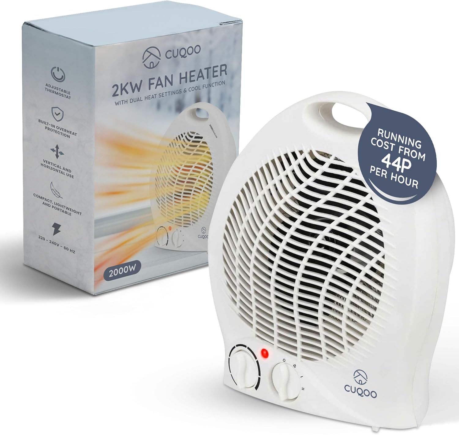 CUQOO 2KW Fan Cooler and Heater - Variable Thermostat & 2 Heat Settings – Low Energy Usage 2-in-1 Portable Electric Quiet Heater and Cooler for Home - White (Package may vary)