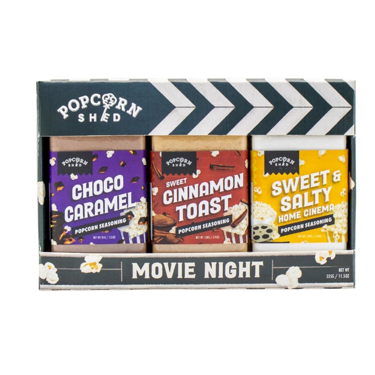 Movie Night Popcorn Seasoning Kit, DIY Popcorn, Popcorn Seasoning Shakers, 3 Flavors: Chocolate Caramel, Cinnamon Toast and Sweet & Salty, 11.5oz, Imported from UK