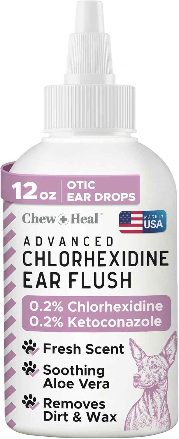 Chew + Heal Labs Dog Ear Cleaner - OTIC Medicated Dog Ear Buildup Drops for Dirt and Wax - 12 oz Advanced Flush with Chlorohexidine and Ketoconazole - Made in The USA