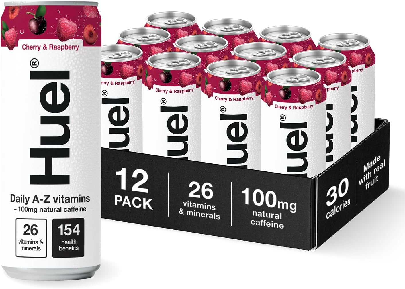 Huel Daily A-Z Vitamins Energy Drink, 12 x 330ml Cans, Cherry & Raspberry Sparkling Multivitamin Energy Drink, Fizzy Drinks Made with Real Fruit, Rich in Electrolytes, Low Calorie, Caffeine Boost
