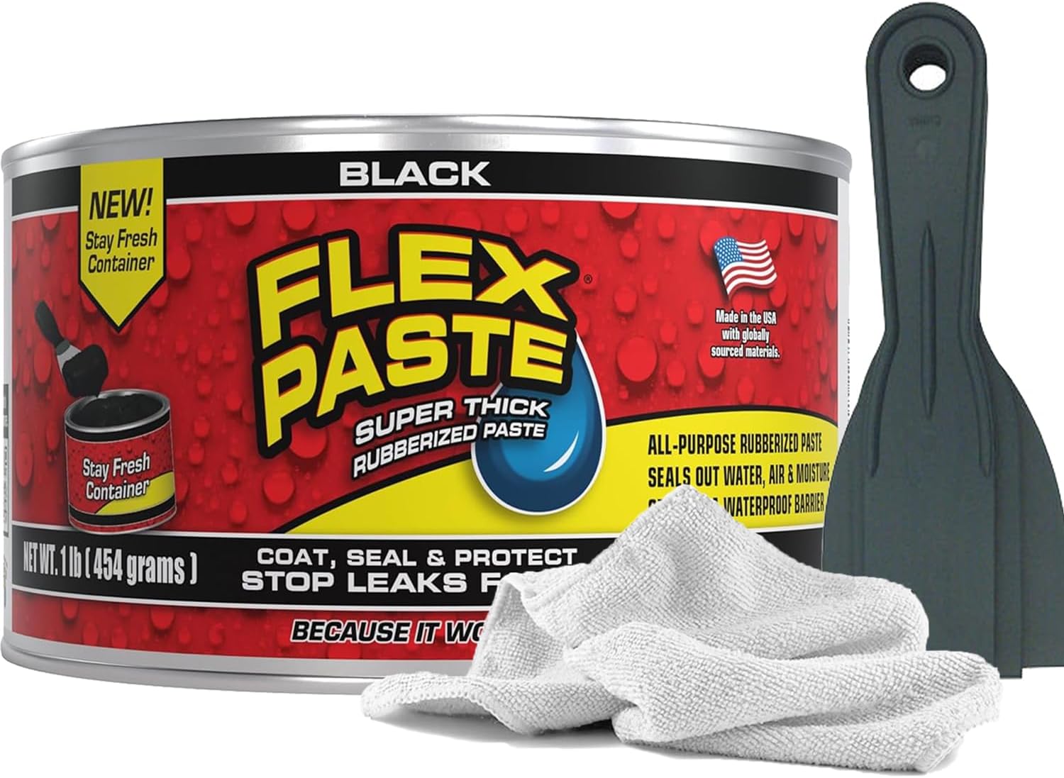 Flex Seal Black Flex Paste 1lb | Leak Repair Bundle with Putty Knife Set + Daley Mint Cleaning Towel | Quickly DIY Repair & Fill Gaps, Holes, Cracks