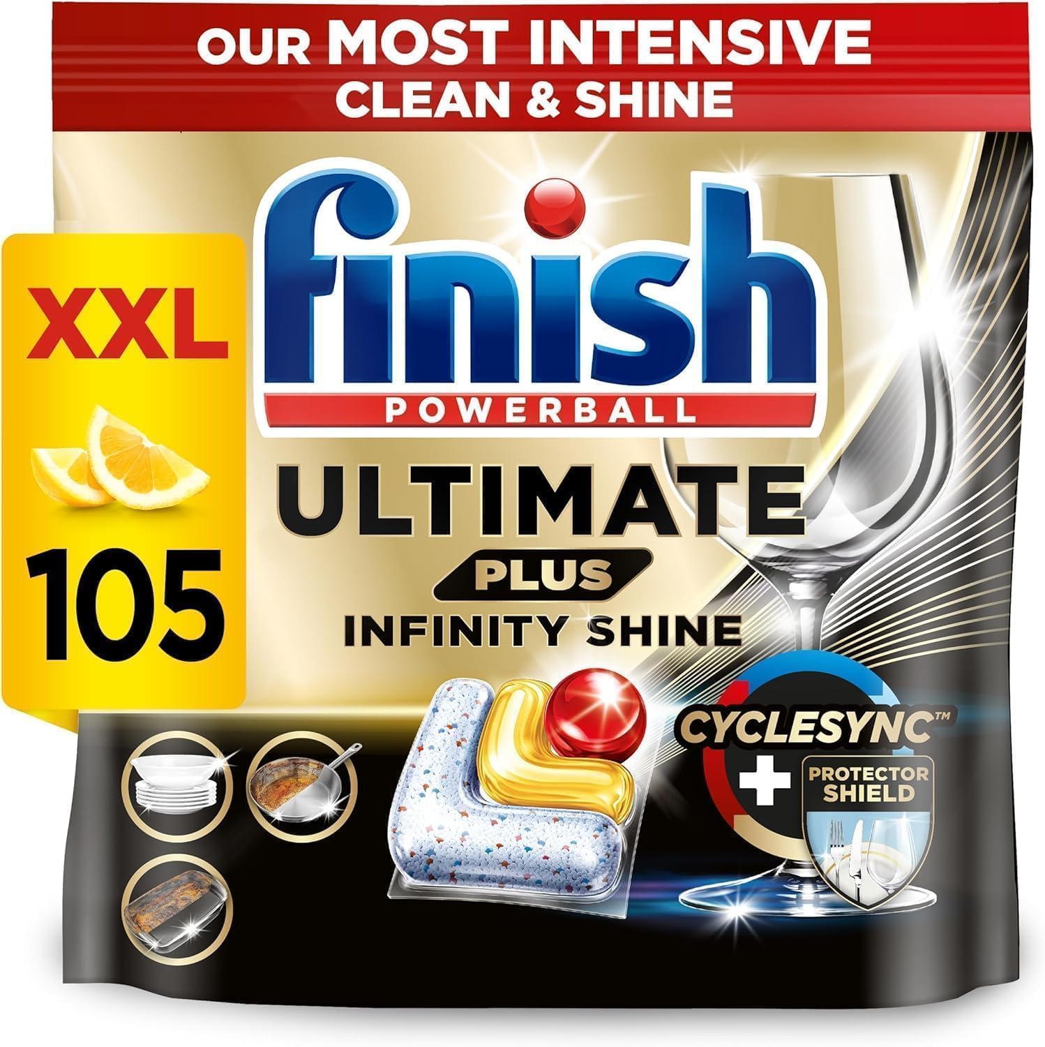Finish Dishwasher Tablet, Ultimate Plus Infinity Shine, 105 Detergent Tablets, Lemon Sparkle, Tough on Grease, For our Most Intensive Clean & Diamond Shine, Effective for Short Eco Cycle