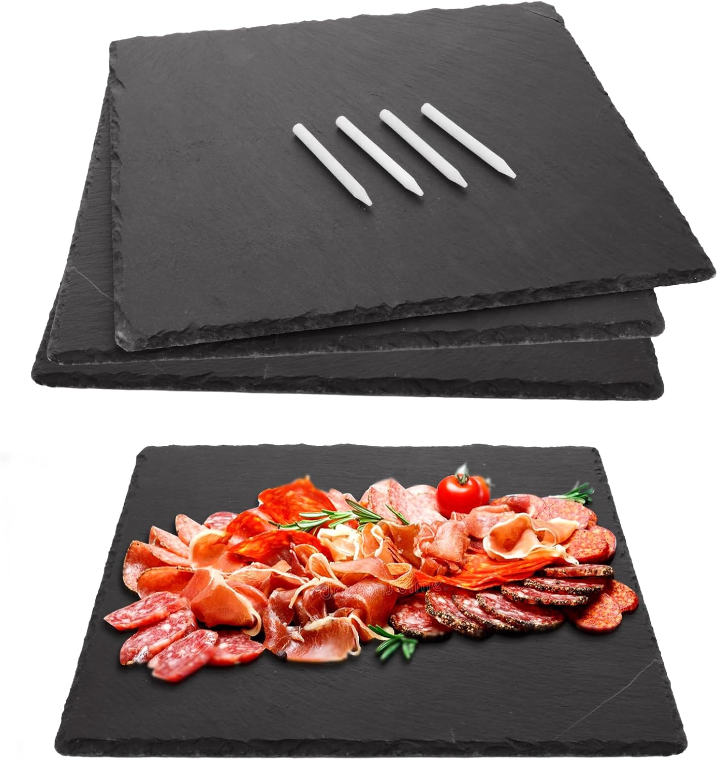 STARVAST 4 Pcs Slate Cheese Boards 11 x 11 Inch Square Charcuterie Boards Natural Slate Stone Plate Tray with Soapstone Chalk, Gourmet Serving Platter for Meats, Fruits, Parties, Appetizers