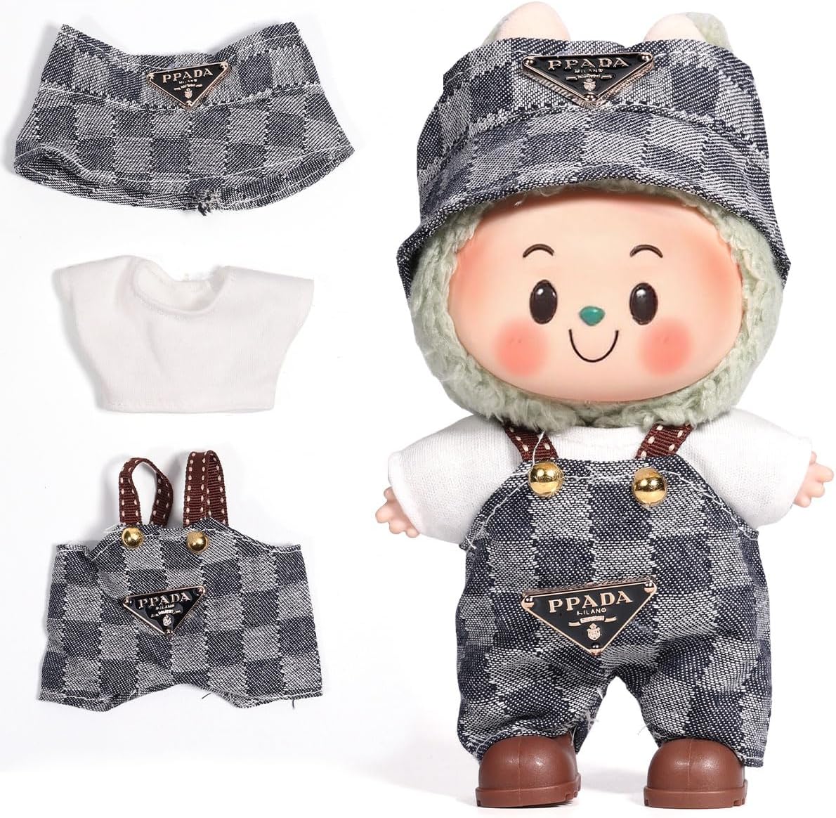 AICase for Labubu Clothes Designer/for Labubu Outfits,Clothes Set for 17cm Lububu Doll,3 Piece Set Hat Clothing for LA BUBU, Boys and Girls Stylish Adorable Dolls Clothes Accessories (No Doll)_Grey