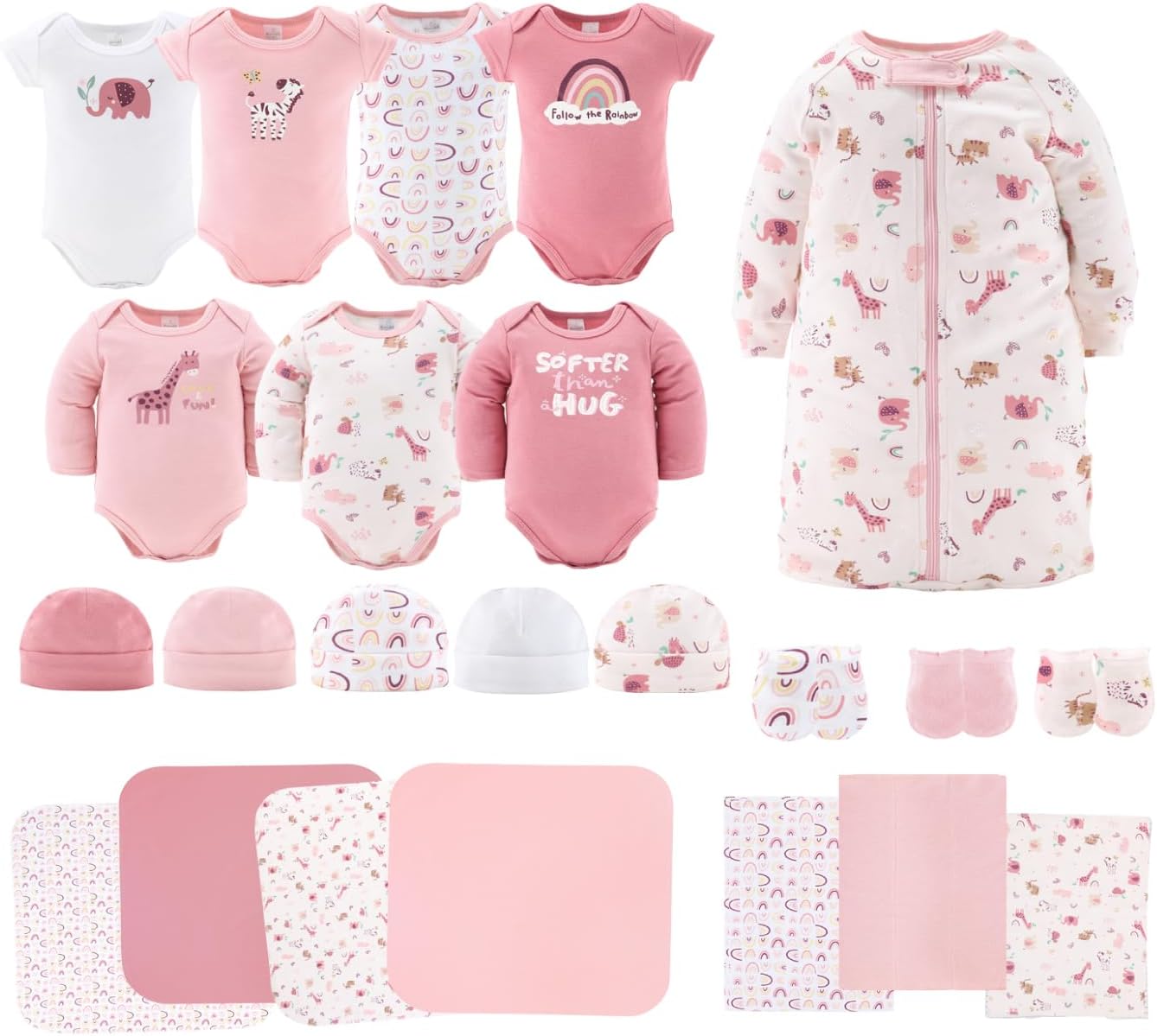 The Peanutshell Baby Layette Gift Set for Girls - 23 Piece New Born Girl Gift Set, Baby Clothes & Newborn Essentials Must Haves - Newborn Clothes 0-3 Months - Rainbow Safari
