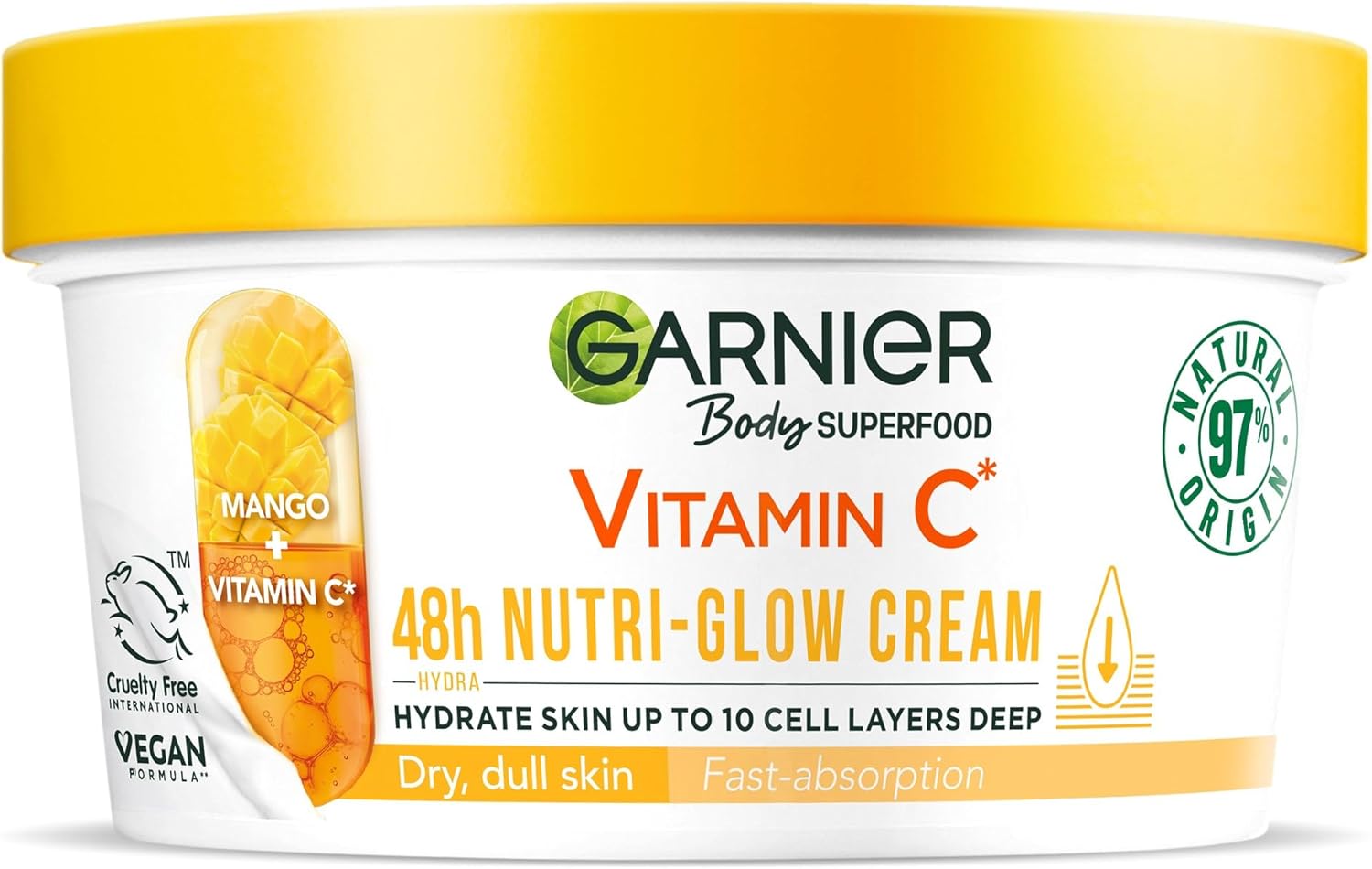 Garnier Body Superfood, Nutri Glow Body Cream, Vitamin C & Mango, for Dry & Dull Skin, Brightening & Glowing, Nourishing & Fast Absorbing, Vegan Formula, Approved by Cruelty Free International, 300ml