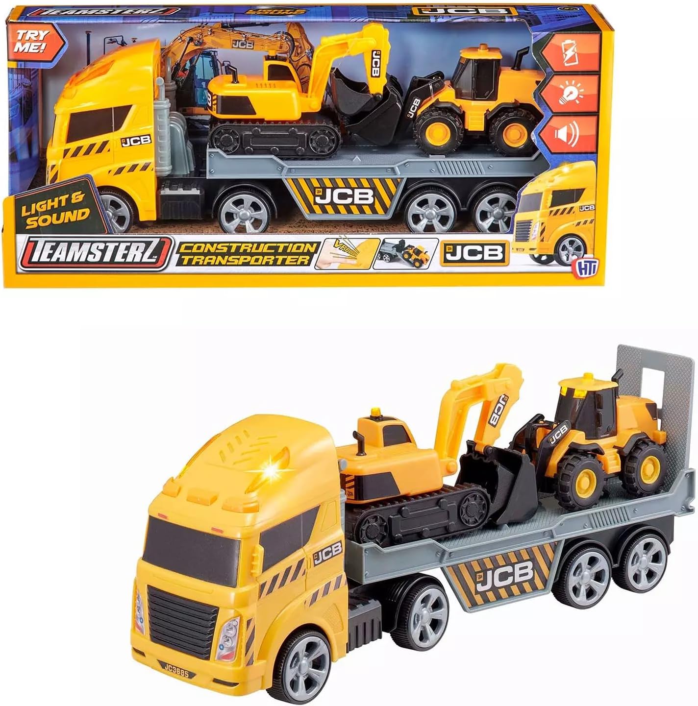Teamsterz JCB Construction Transporter – Lights & Sounds | Includes Excavator & Loader | Toy Vehicle Set for Kids Aged 3+ | Durable Build, Realistic Detail & Batteries Included