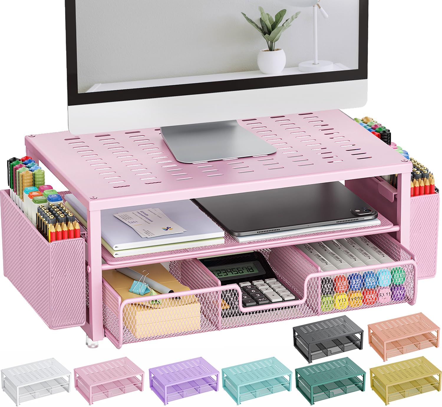 gianotter Monitor Stand with Drawer and Pen Holder, Desk Organizers and Accessories, 2-Tier Monitor Riser, Pink Office Decor for Women(Pink)
