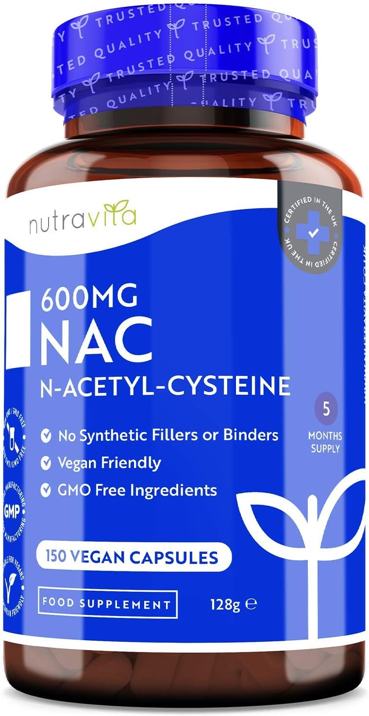 NAC N-Acetyl-Cysteine 600mg – 150 Vegan Capsules – 5 Months Supply of NAC Supplement – High Bioavailability and No Fillers or Binders - N Acetyl Cysteine Amino Acid – Made in The UK by Nutravita