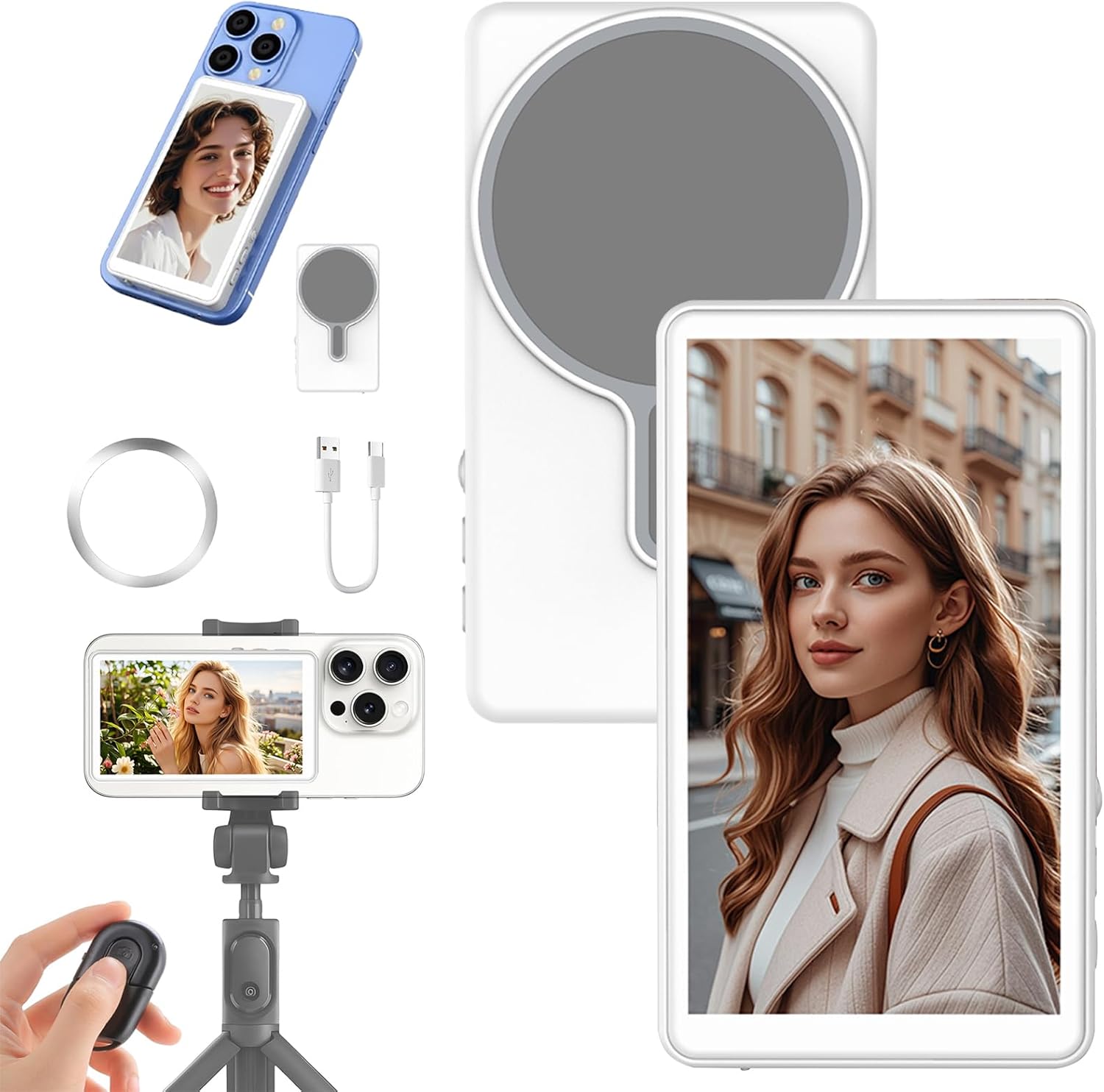 Magnetic Phone Vlog Selfie Monitor Screen for iPhone & Android, Wireless Screen Mirroring Connection with Bluetooth Remote, Using Phone Rear Camera for Selfie Vlog Live Stream TikTok YouTube White