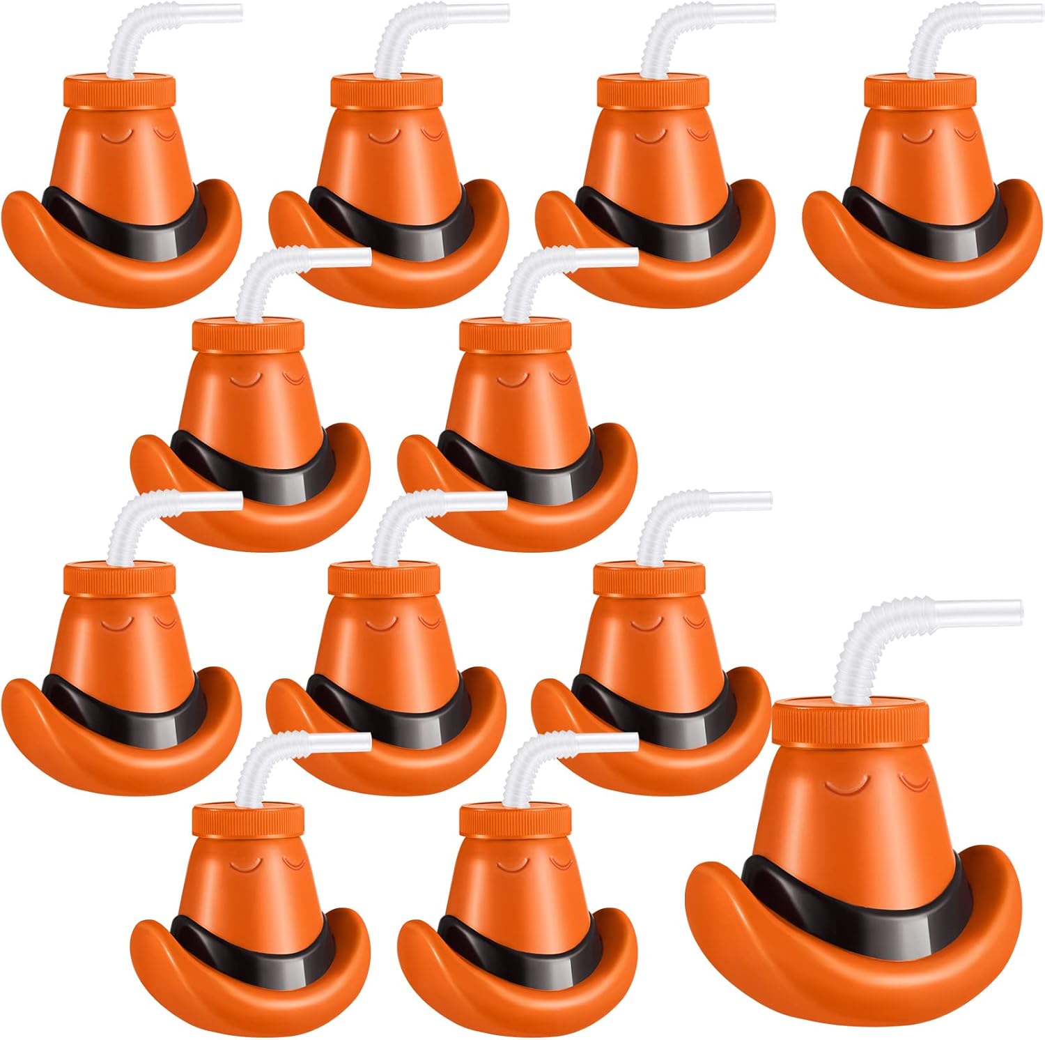 Amyhill Cowboy Hat Cups with Lids and Straws 12 oz Plastic Cowboy Hat Cups for Western Party Supplies Cowboy Birthday Party Decorations (Brown,12 Pcs)
