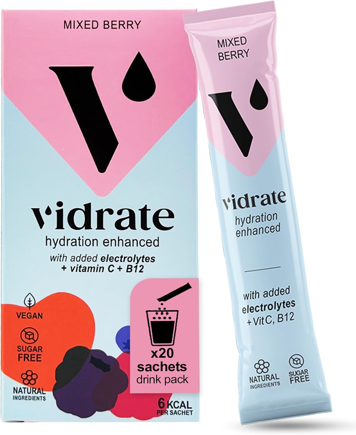 Electrolytes Powder - Hydration Sachets Packed with Vitamins - Zero Sugar Rehydration Sachet with No Artificial Sweeteners & Preservatives by ViDrate - Mixed Berry Large Pack, 20 Electrolytes Sachets