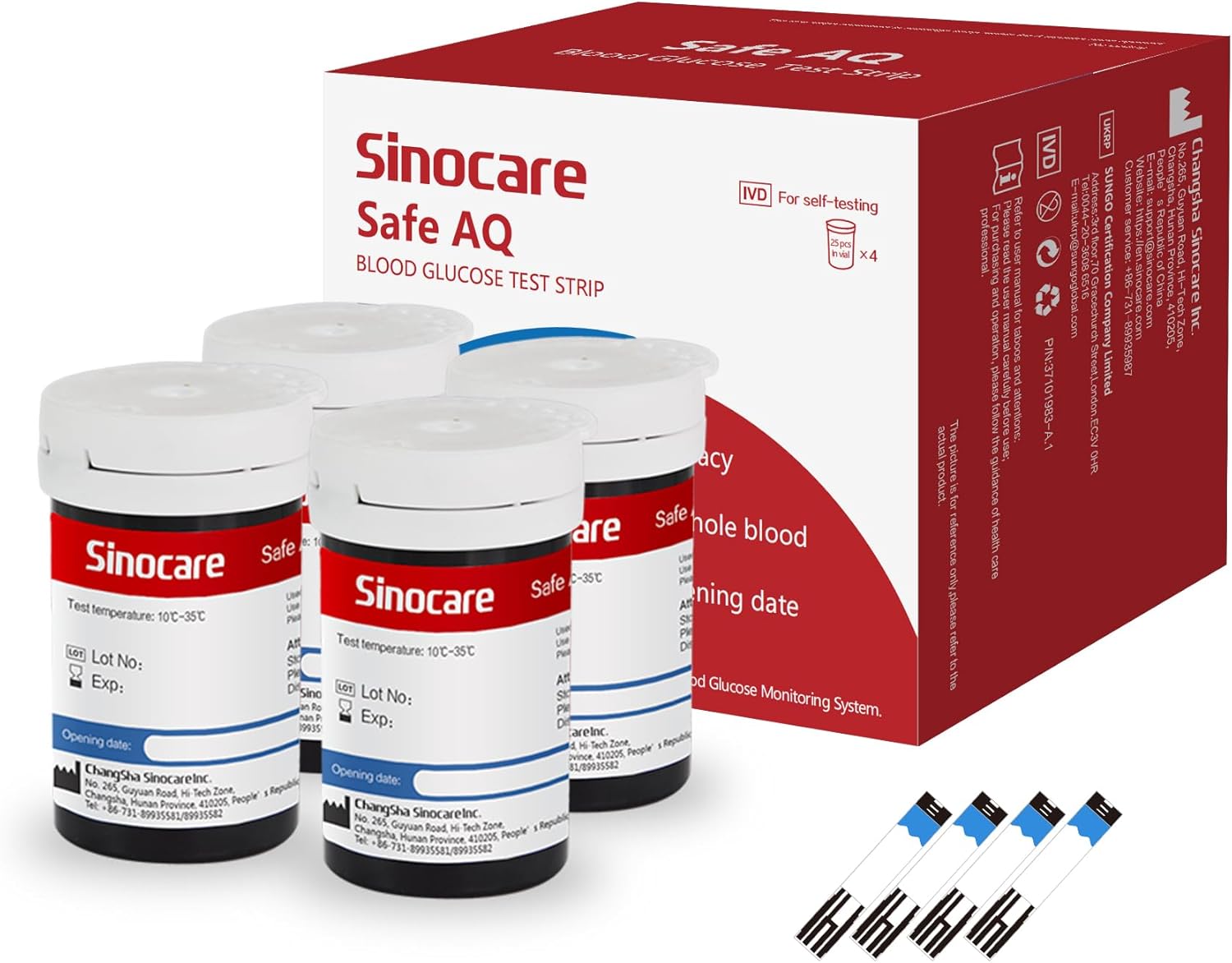 Sinocare Safe AQ Blood Sugar Test Strips, 100pcs Diabetes Test Strips for Safe AQ Smart/Voice Glucometer, Comes with 100pcs Strips, 4 Vials, 25pcs / Vial, NO GLUCOMETER&LANS.
