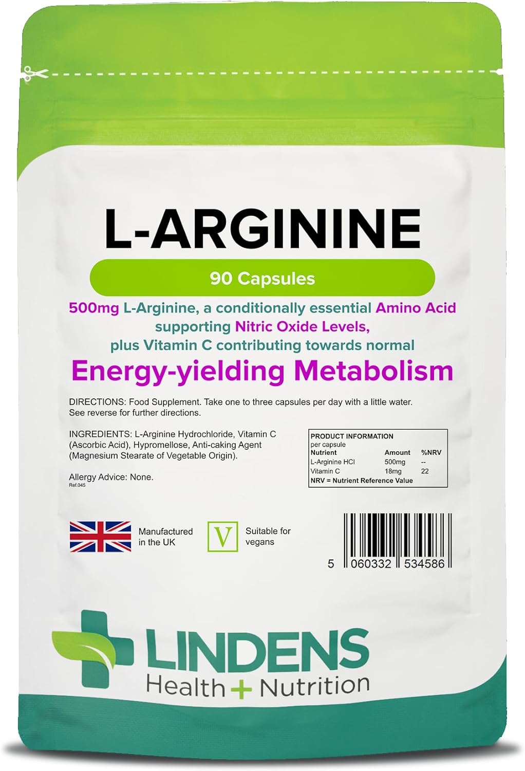 Lindens - L-Arginine 500mg, 90 Capsules - UK Made - Amino Acid with Vitamin C - Supports Nitric Oxide Levels, Contributes to Vascular Performance & Metabolism - Letterbox Friendly