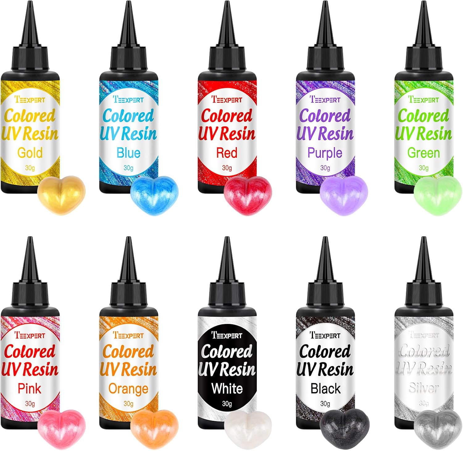 Teexpert UV Resin,300g Colored UV Resin Hard Type Fast Cure Ultraviolet Resin UV Resin Gel 10 Colors High Viscosity Metallic Resin Kit for Making Crafts,Charms, Jewelry, Decoration