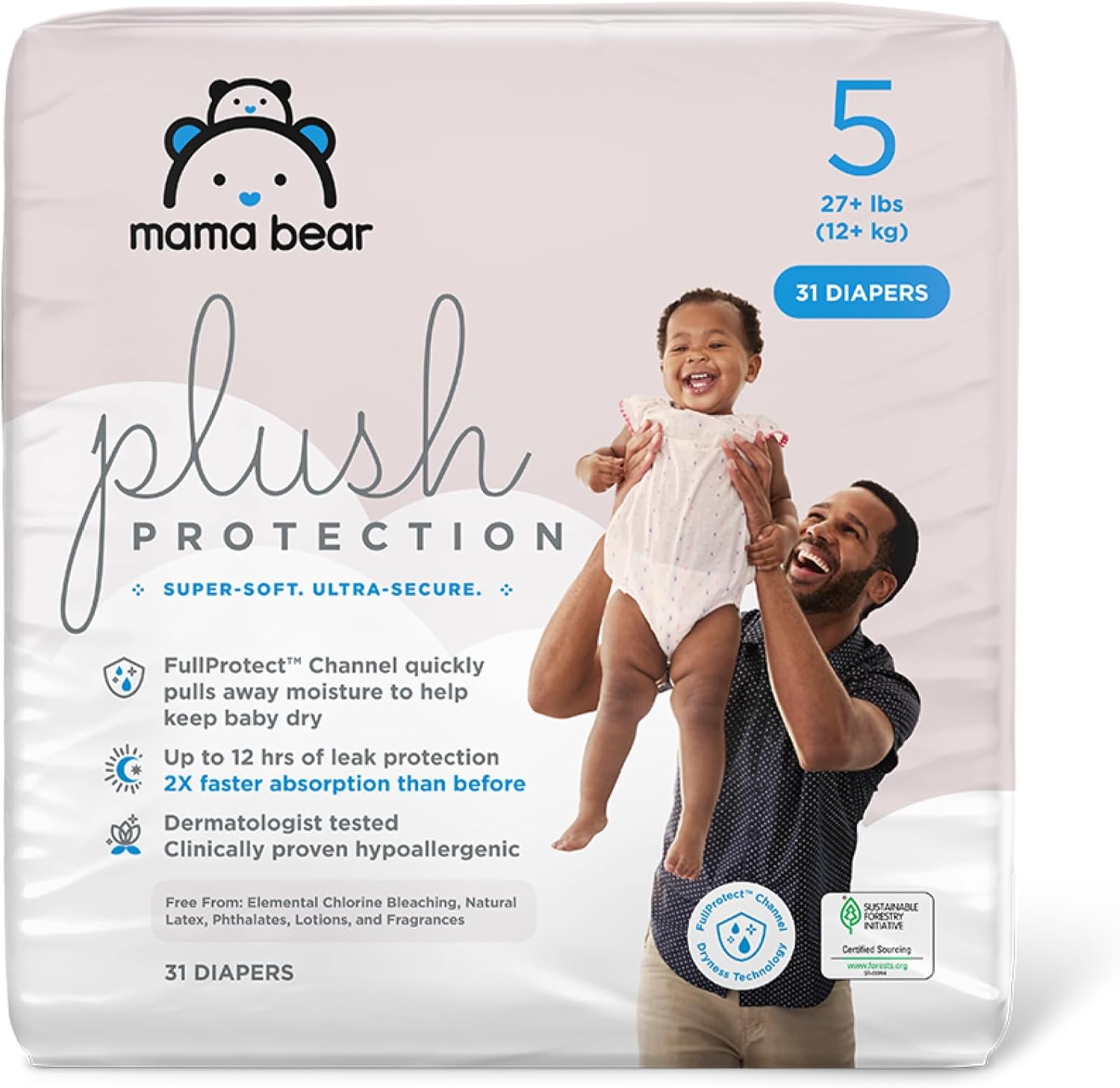 Amazon Brand - Mama Bear Plush Protection Diapers - Size 5, 31 Count, Hypoallergenic Premium Disposable Baby Diapers, White and Cloud Dreams
