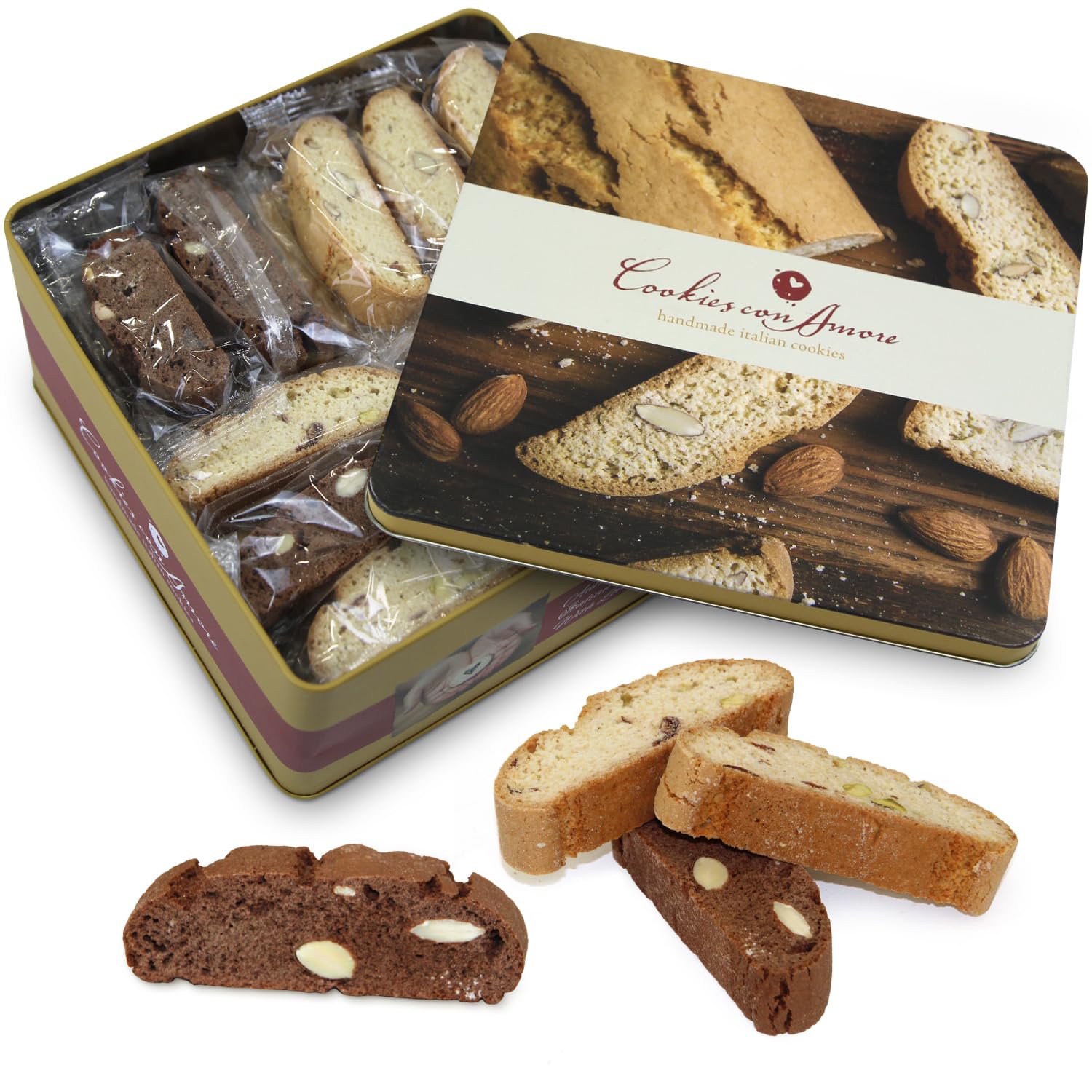 Italian Biscotti Cookie Gift Box, 2lb Square Tin of Individually Wrapped Gourmet Biscotti - Authentic Italian Cookies for Gifting, Coffee Pairing, and Elegant Celebrations