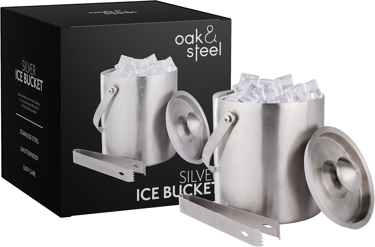Oak & Steel - 2L Ice Bucket with Lid and Tongs - Double Wall - Stainless Steel - Keeps Ice Cold & Dry for Bar, Parties, Beer, Champagne and Wine Bottles