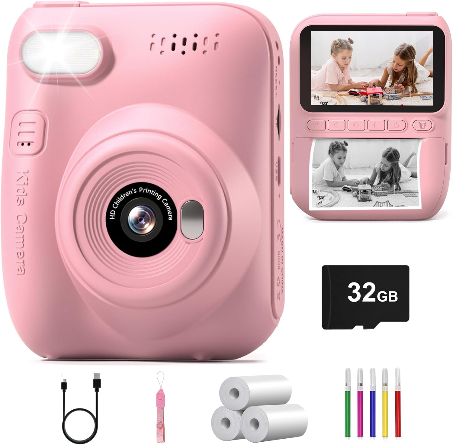 Hangrui Kids Camera Instant Print,3.0'' 1080P Kids Instant Print Camera with 32G Card,3 Rolls Printing Paper and 5 Color Pens, Gift Toy for Girls Boys 3-12 Years Old -Pink