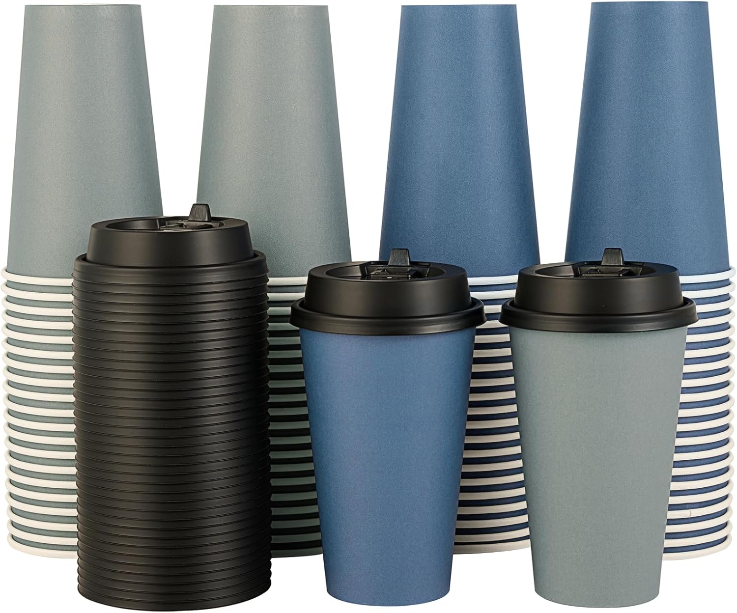 LITOPAK 100 Pack 16 oz Disposable Paper Coffee Cups with Lids for Coffee, Water, Juice, or Tea, Blue and Gray Hot Paper Cups for Home, Restaurant, Store, and Cafe