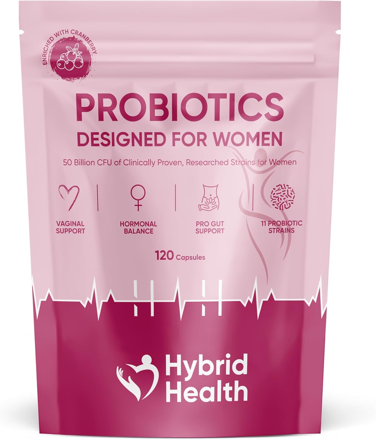 Hybrid Health Probiotics for Women | 120 Vegan Capsules | 50 Billion CFU Womens Probiotics for Gut Health | 11 Probiotic Researched Strains with Prebiotics & Cranberry Extract | Vegan Non-GMO