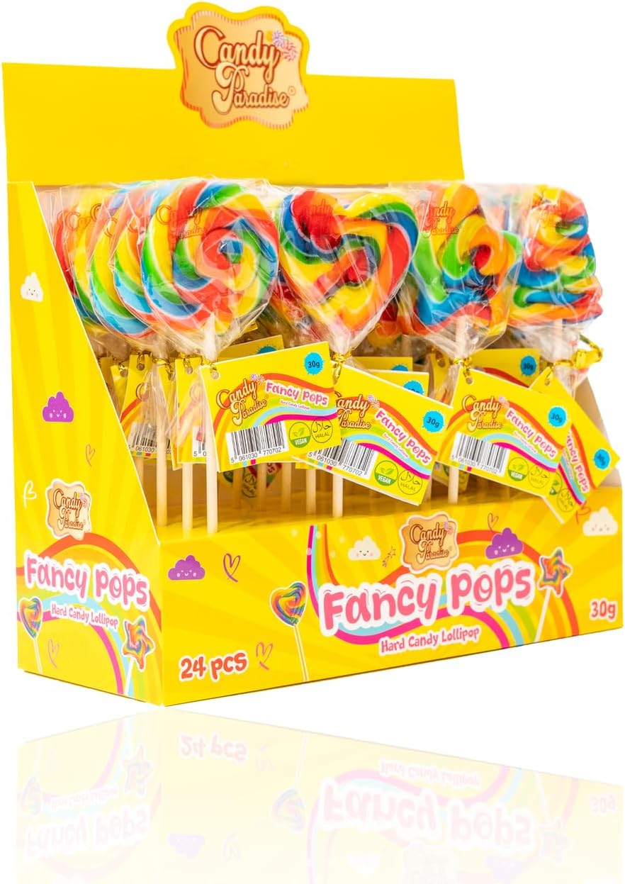 Candy Paradise Lollipop Rainbow Fancy Pops Lollies 30g Kids Party Bags Sweets. Halal Vegan. Cake Toppers & Party Favours Great Value. RANDOM MIXED Assorted Colours (24)