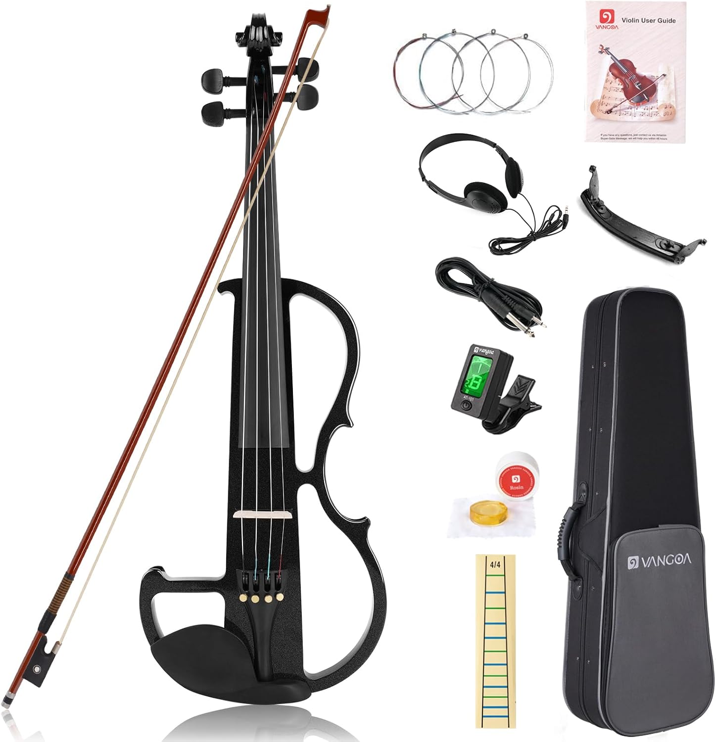 Vangoa Full Size 4/4 Solid Wood Electric Silent Violin with Chin Rest, Ebony Fittings, Carrying Hard Case, Extra Strings, Audio Cable, Rosin, Upgraded Bow, Black