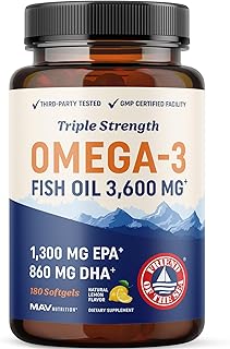 Triple Strength Omega 3 Fish Oil 3600 mg | EPA & DHA | Over 2100mg Omega-3 Fatty Acids | 1300mg EPA + 860mg DHA | Best Essential Fatty Acids | Premium Burpless Fish Oil Omega 3 Supplements (180 Ct)