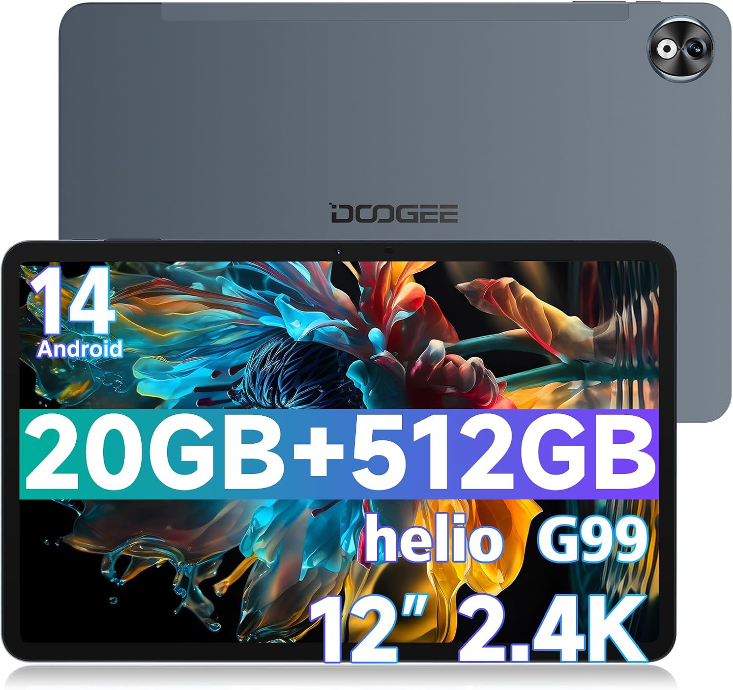 DOOGEE T40 Pro Tablet 12 Inch, 20GB RAM + 512GB ROM (2TB TF), 2.4K Android 14 Tablets, 10800mAh Battery Helio G99 Tablet, 7.6 mm Ultra-thin, 4 Stereo Speakers, Widevine L1, Dual 4G LTE Tablets, Grey