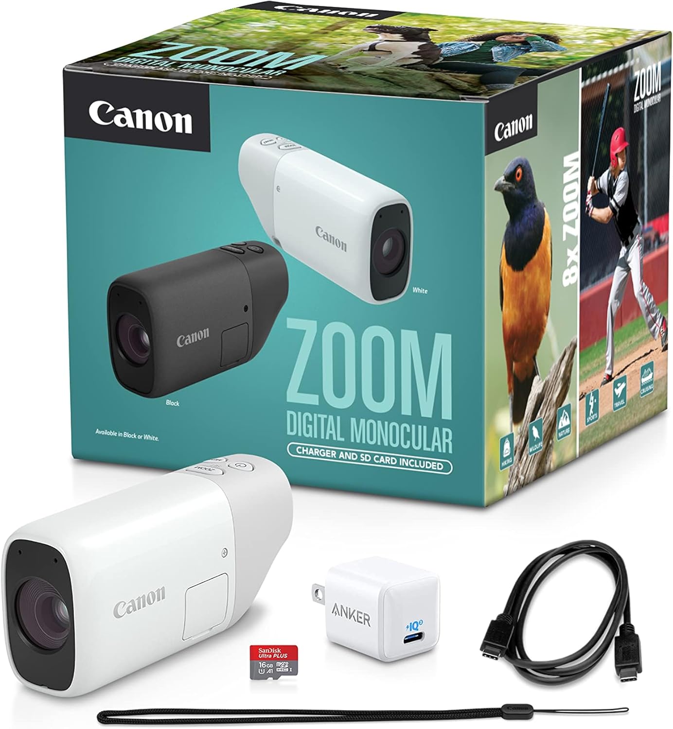 Canon Zoom Digital Monocular Kit with USB-C Charger, microSD Card, PowerShot Zoom, 400mm Optical Zoom, 800mm Digital Zoom, Bird Watching, Wildlife, Sports Watching, Traveling, Hiking, White