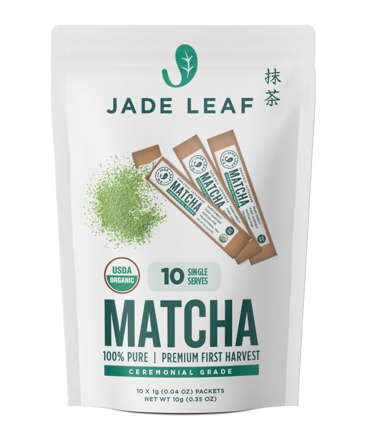 Jade Leaf Matcha Organic Ceremonial Grade Green Tea Powder - Farm Direct First Harvest - Single Serve Stick Packs - Authentic Japanese Origin (10 Count Single Serve Stick Pack Pouch)