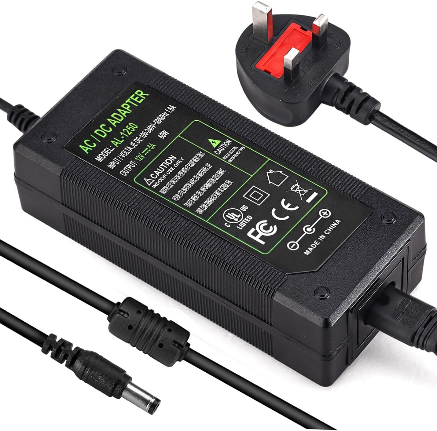 DC 12V 5A Power Supply Adaptor 60W, AC 100-240V to DC 12 Volt Power Adapter UK Plug for Monitors TV DVDTVs Amplifier Cameras System (12V 5A)