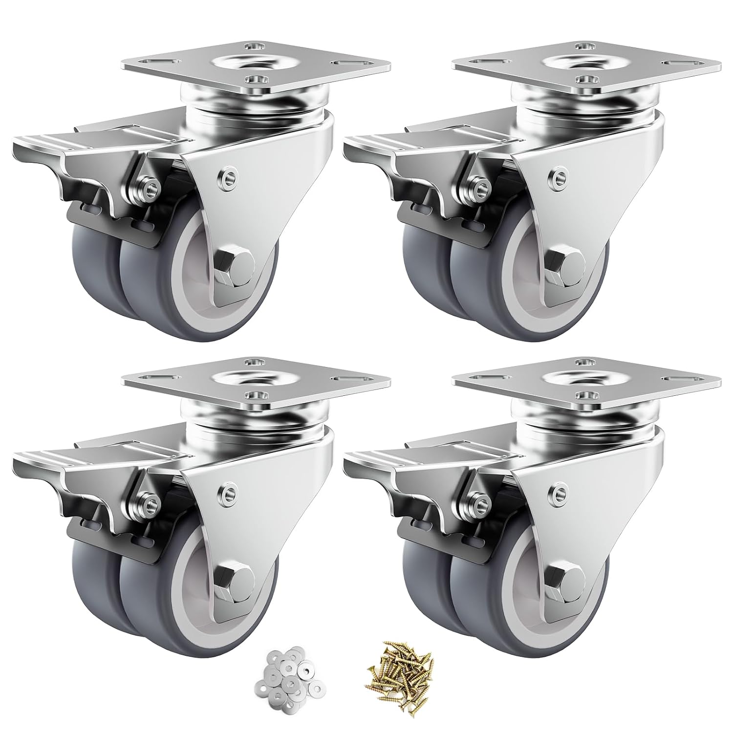 2" Double Wheel Casters with Brake (4 Pack)