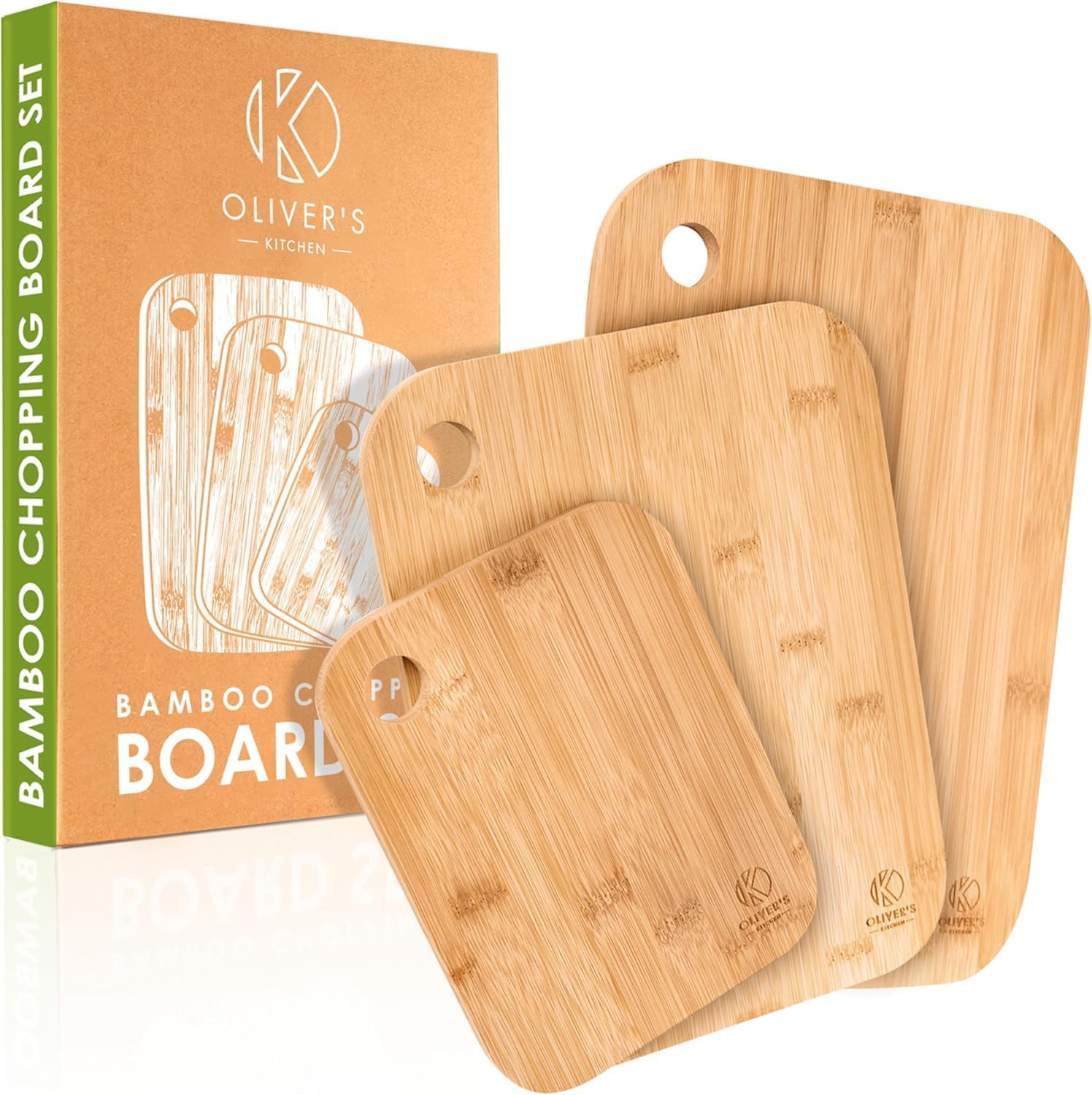 Oliver's Kitchen ® 3 x Set of Wooden Chopping Boards - Different Sizes for Every Occasion - Beautifully Designed, Durable & Hard Wearing - 100% Natural Organic Bamboo Cutting Boards - Easy to Clean