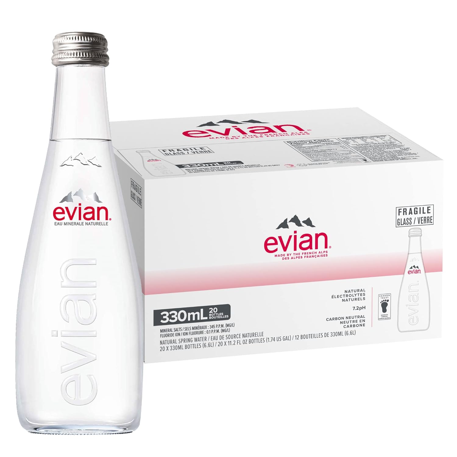Evian (Non-Sparkling) Natural Spring Water, 11.1 Fl Oz (20 Glass Bottles)