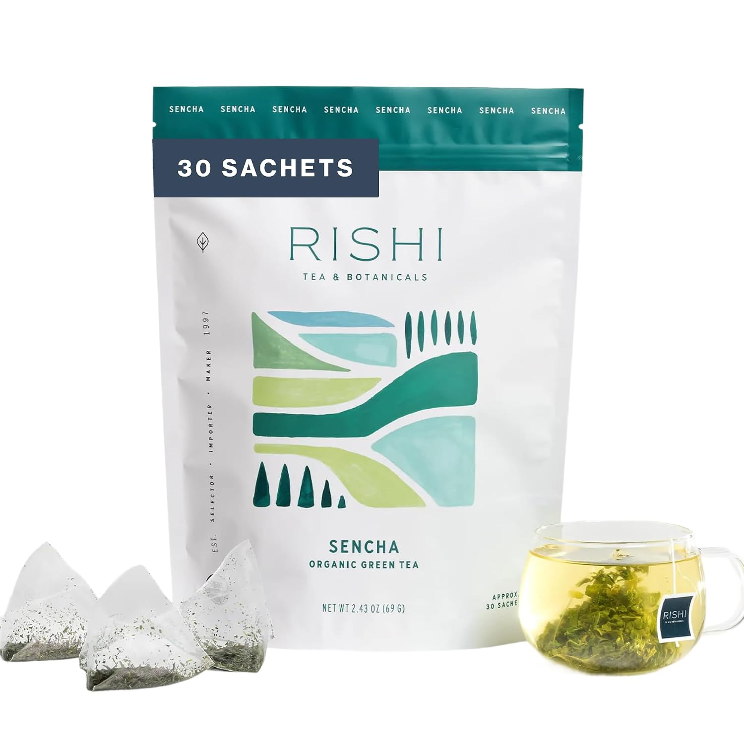Rishi Tea Sencha Green Japanese Organic Sachet Tea Bags, Caffeinated, 30ct | Classic Japanese Sencha Green Tea, Enjoy Hot or Iced, Sustainable, 30 Servings