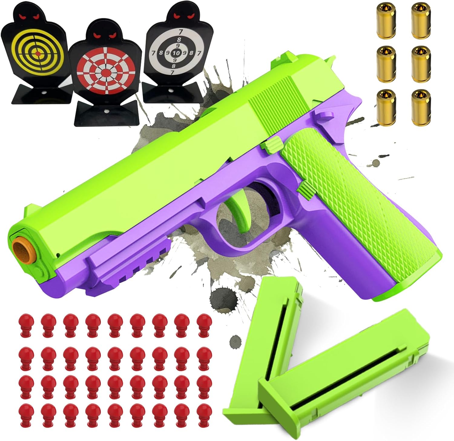 Soft Bullet Toy Gun, Upgrade Fidget Gun Pistol Toys Guns, 12 Shell ejecting Soft Bullet Blaster with 40 Bullets for Boys (Purple green)