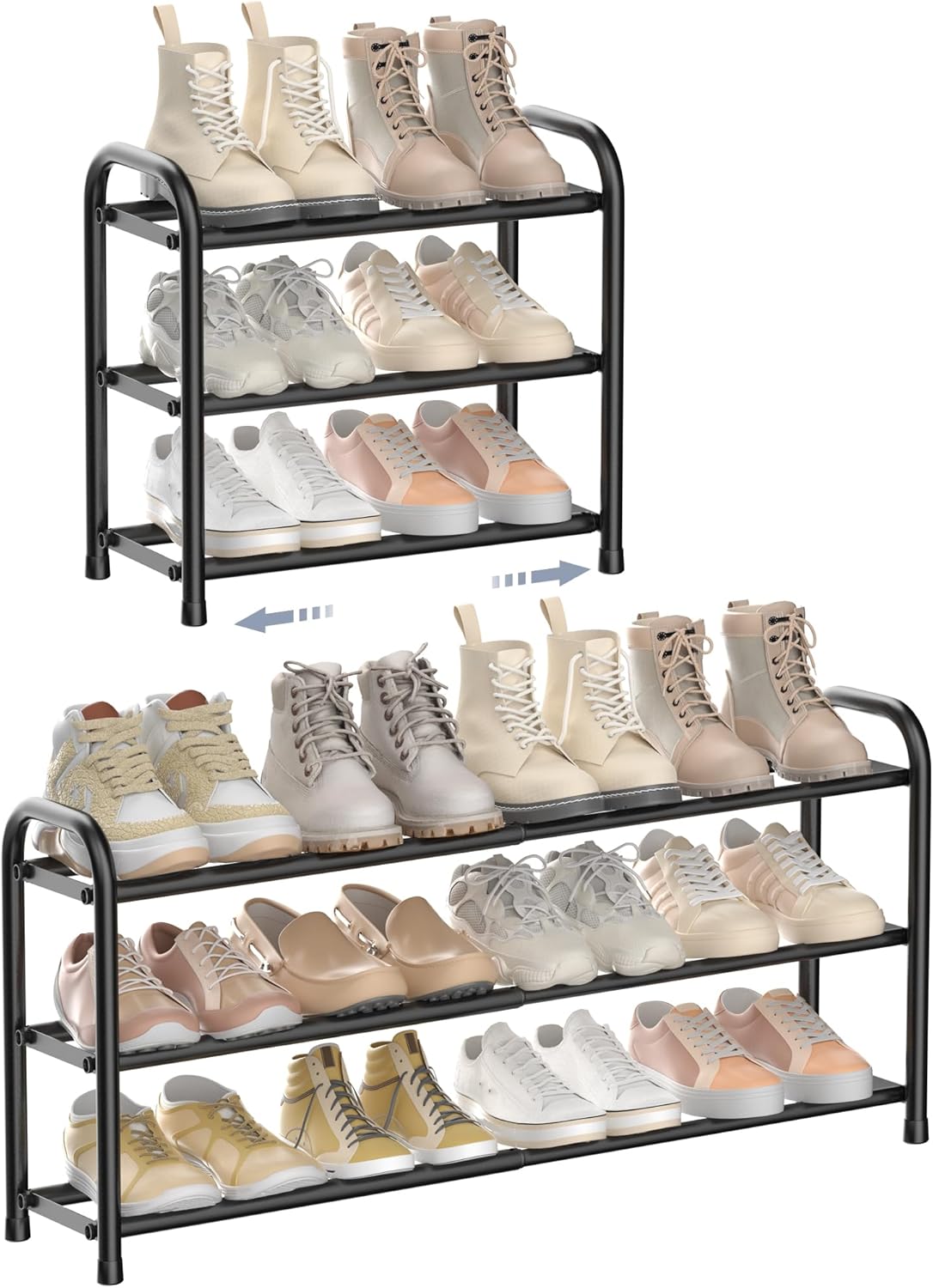 ENJOYBASICS Expandable Shoe Rack, 3 Tier Adjustable Shoe Organizer Shelf for Closet, Black Metal Free Standing Shoe Rack Storage for Small Space, Entryway