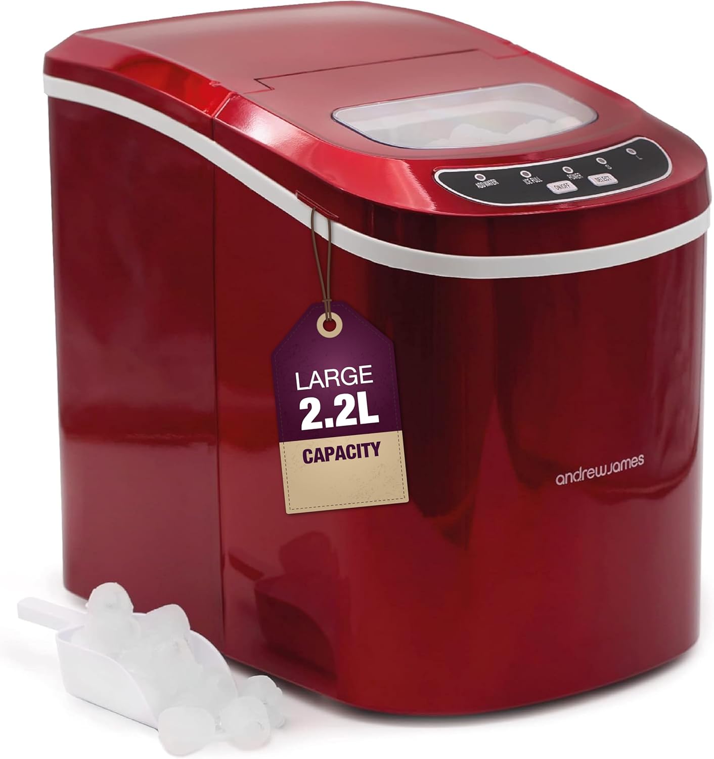 2.2L Andrew James Ice Maker Machine – Portable Countertop Ice Machine for Home, Electric Ice Dispenser with Scoop & Basket, Self-Cleaning, Small or Large Ice Cubes