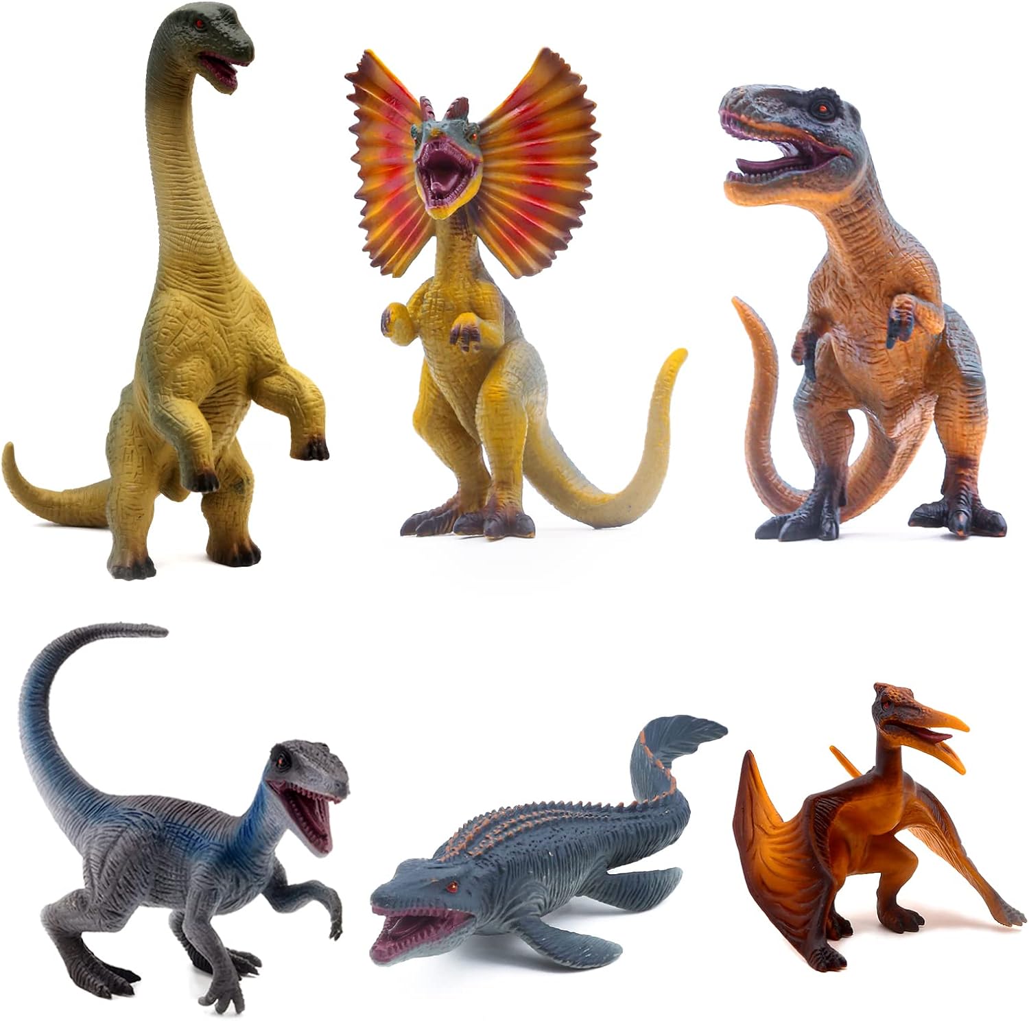 SIENON 6.3 Inch Jurassic Dinosaur Toy Figures, Realistic Dinosaur Toys Set Dilophosaurus Blue Velociraptor T-Rex Mosasaurus Brachiosaurus Pterosaur Dinosaur Figurines for Dino Party(6Pack Dinosaur)