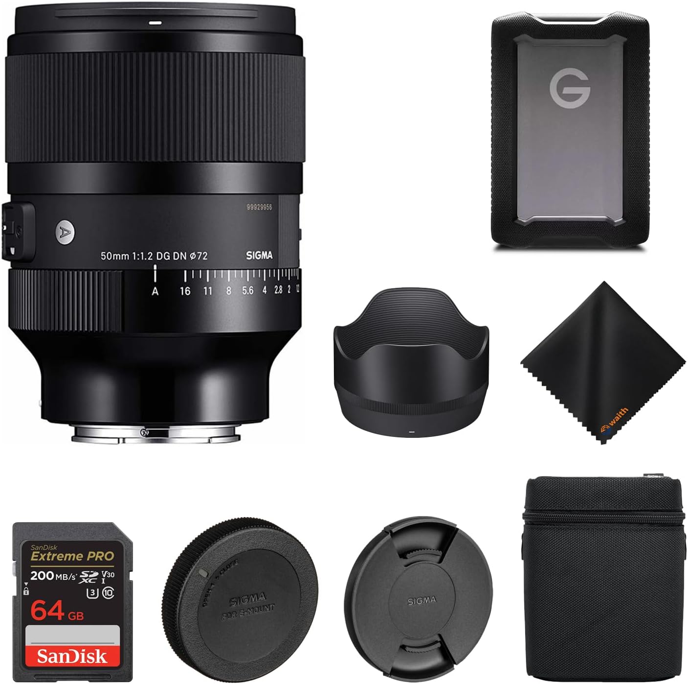 Sigma 50mm f1.2 DG DN Full Frame Art Lens for Sony E Mount with SanDisk 64GB Extreme PRO SDXC Memory Card, Waith Microfiber Cleaning Cloth and SanDisk 1TB G-Drive USB-C Gen 1 Hard Drive (Bundle Set)