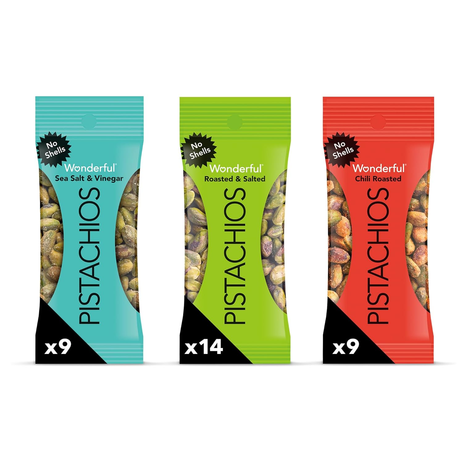 Wonderful Pistachios No Shells, 3 Flavors Mixed Variety Pack of 32 (0.75 Ounce), Roasted & Salted Nuts (14), Chili Roasted (9), Sea Salt & Vinegar (9), Protein Snacks, Gluten Free, Bulk Snacks