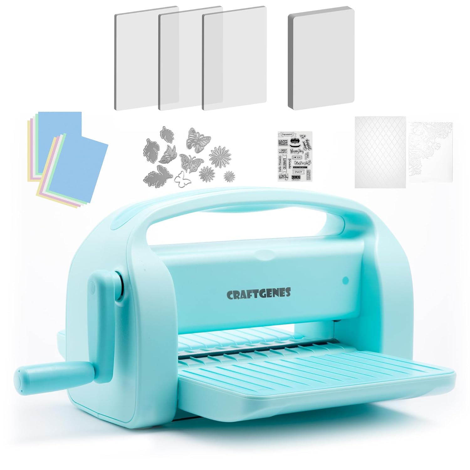 CraftGenes 9 Inch Manual Die Cutting & Embossing Machine for Card Making, Scrapbooking, Crafting - Includes A4 Die Cuts, Embossing Folders & Plates